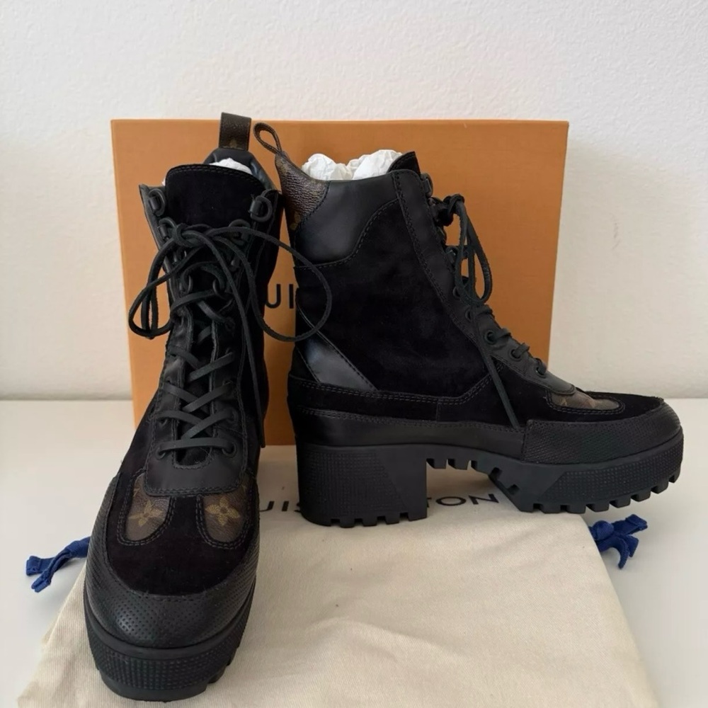 Louis Vuitton Black Combat Boots with Chunky Sole
